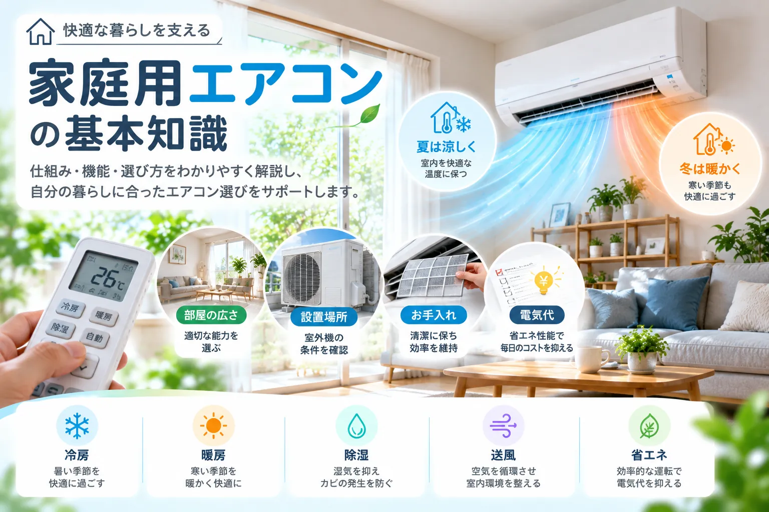 明るいリビングの壁掛けエアコンと、冷房・暖房・除湿・送風・省エネ、部屋の広さ・設置場所・お手入れ・電気代を示したイラスト