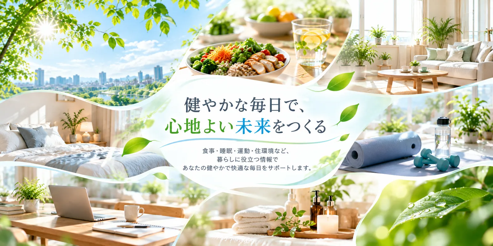 明るい寝室、リビング、自然光の差し込むデスク、ヨガマットなど、健やかな暮らしの場面を集めたコラージュ